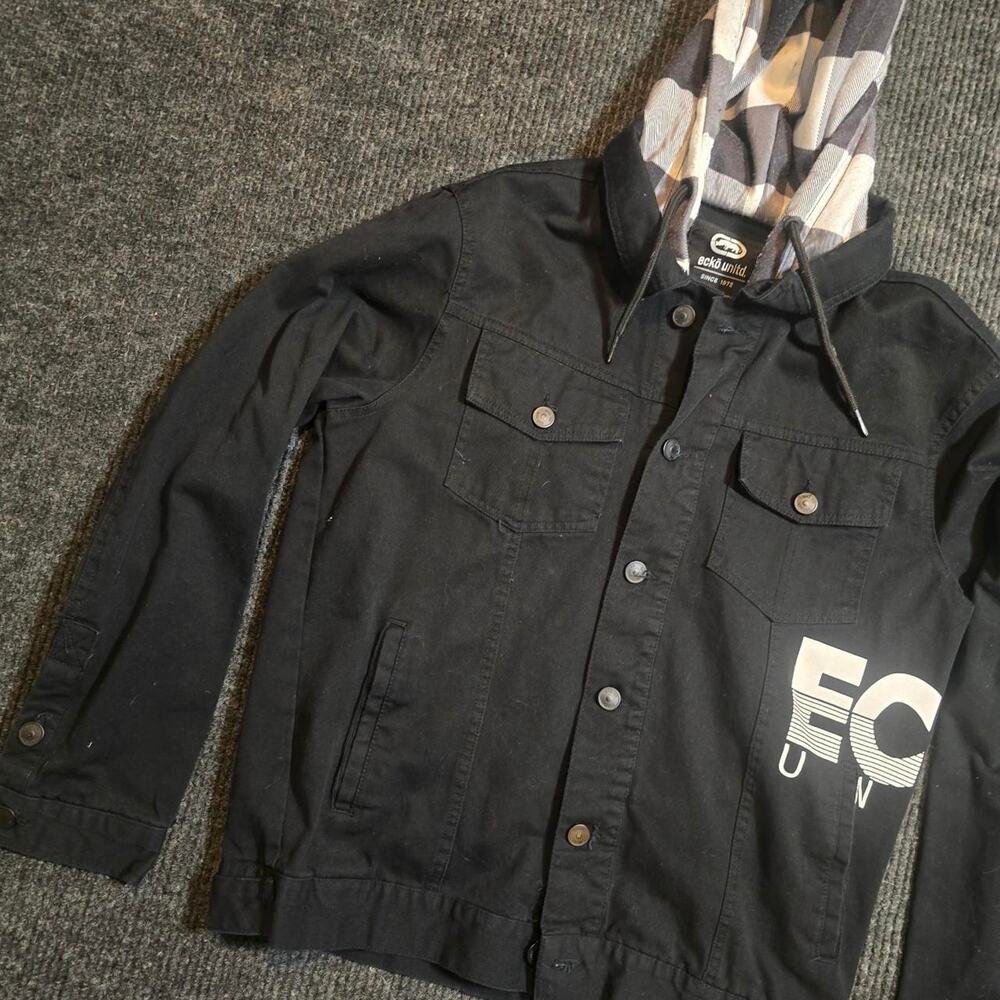 Ecko Unltd black denim jacket with hood Size M - Picture 2 of 5